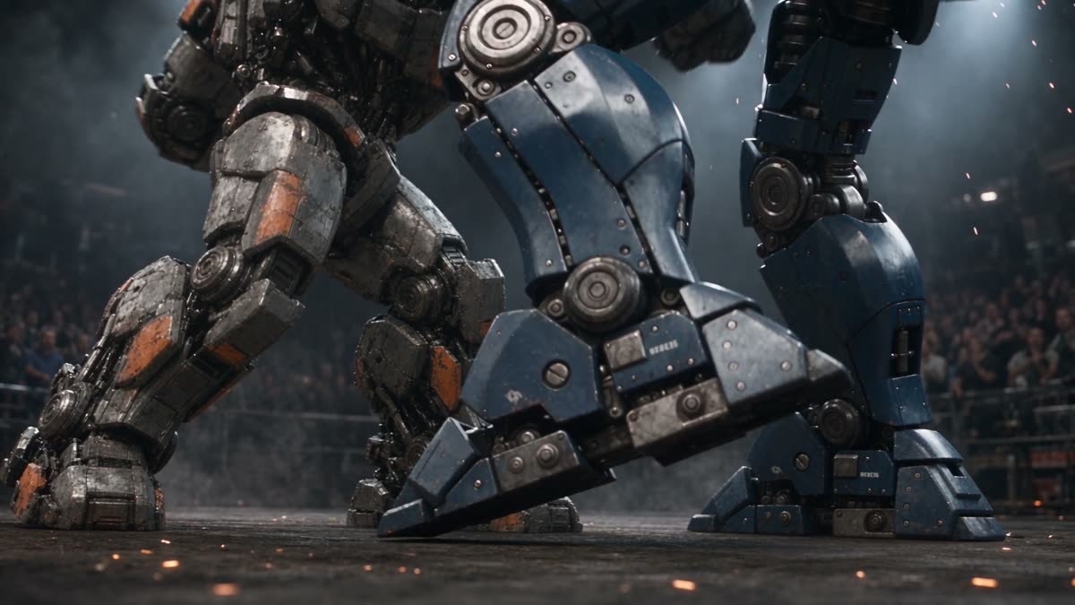 Close-up of the legs of two robots moving across the arena floor