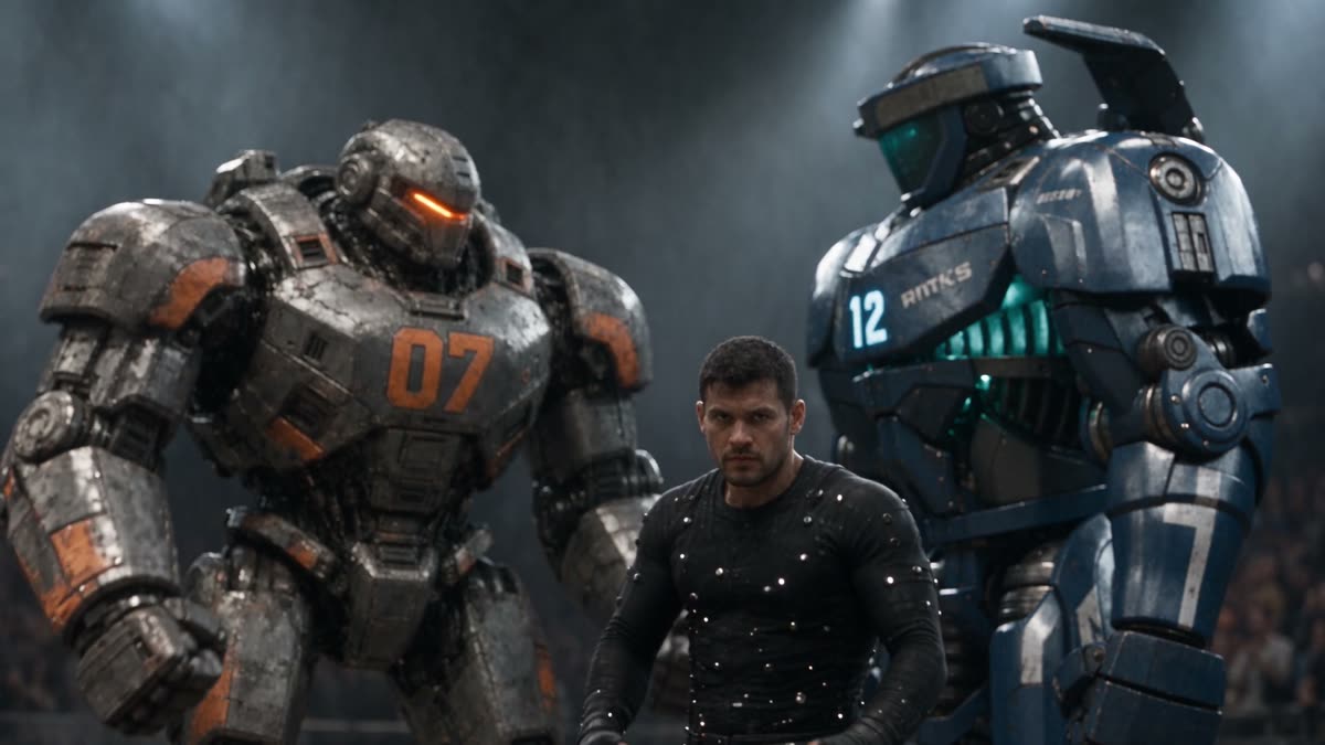 An operator in a motion-capture suit standing between two robots
